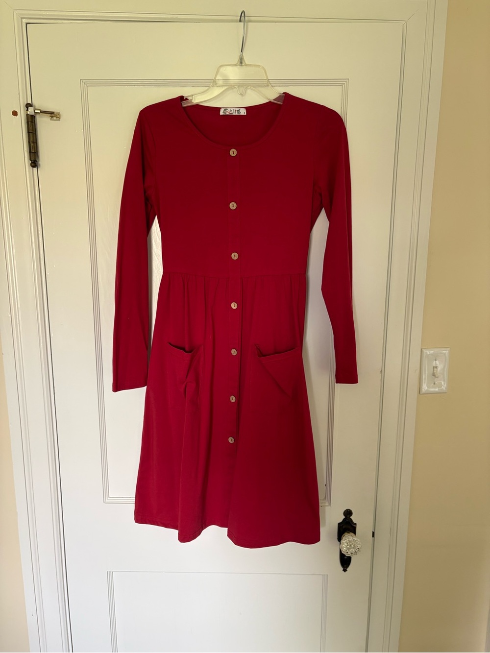 Red Button-Front Long Sleeve Dress with Pockets
